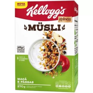 A red, white, and green box of Kellogg's Kellness Musli. A apple raisin cereal.