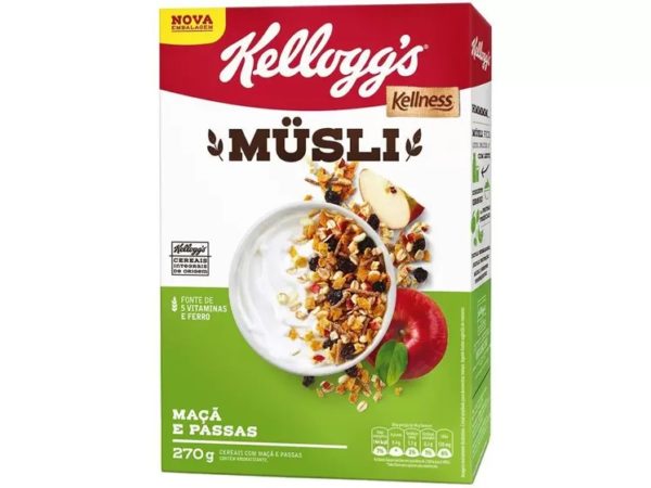 A red, white, and green box of Kellogg's Kellness Musli. A apple raisin cereal.