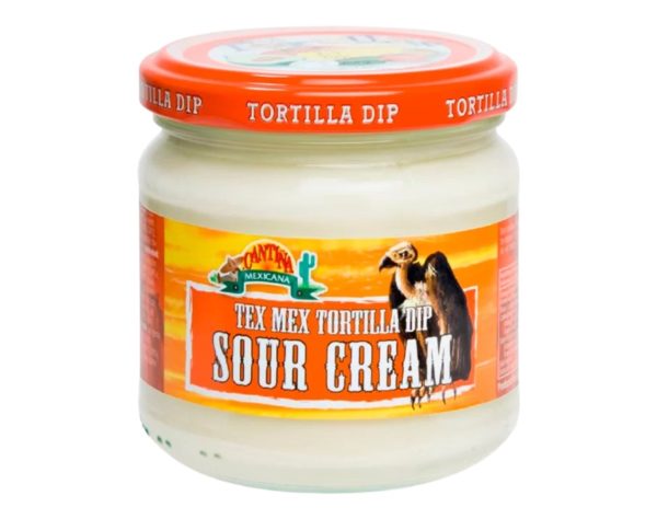 Clear and Orange Glass jar of Cantina Mexicana Sour Cream