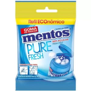 A blue and yellow plastic bag of mentos' pure fresh chew gum