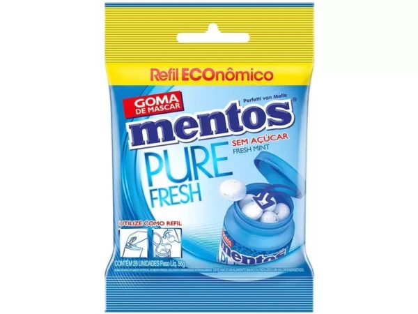 A blue and yellow plastic bag of mentos' pure fresh chew gum