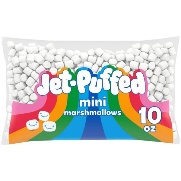 A clear and rainbow plastic bag of Jet-Puffed's mini marshmallows