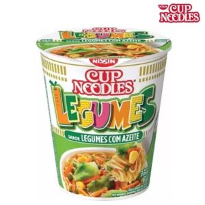 Green and White container of Cup Noodles Vegetables and Noodles